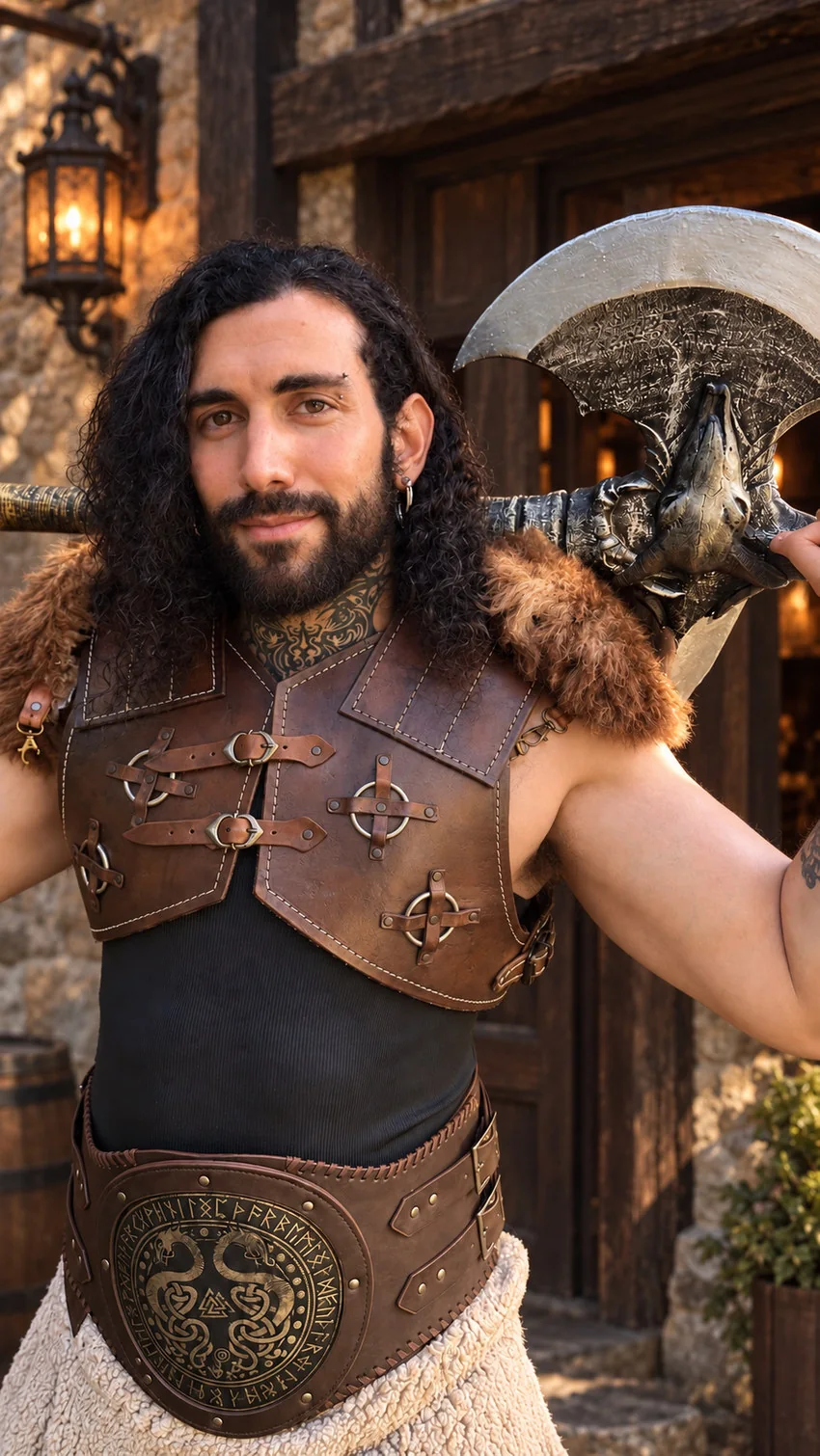 Desrind Wolvesbane wearing barbarian armor with his great axe