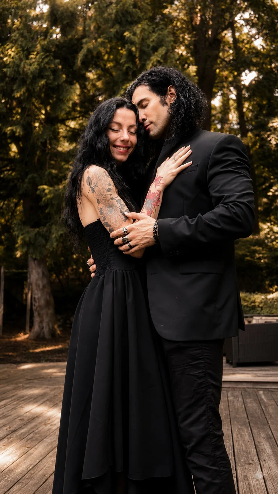 Portrait of Jerome and Serena embracing together in the woods