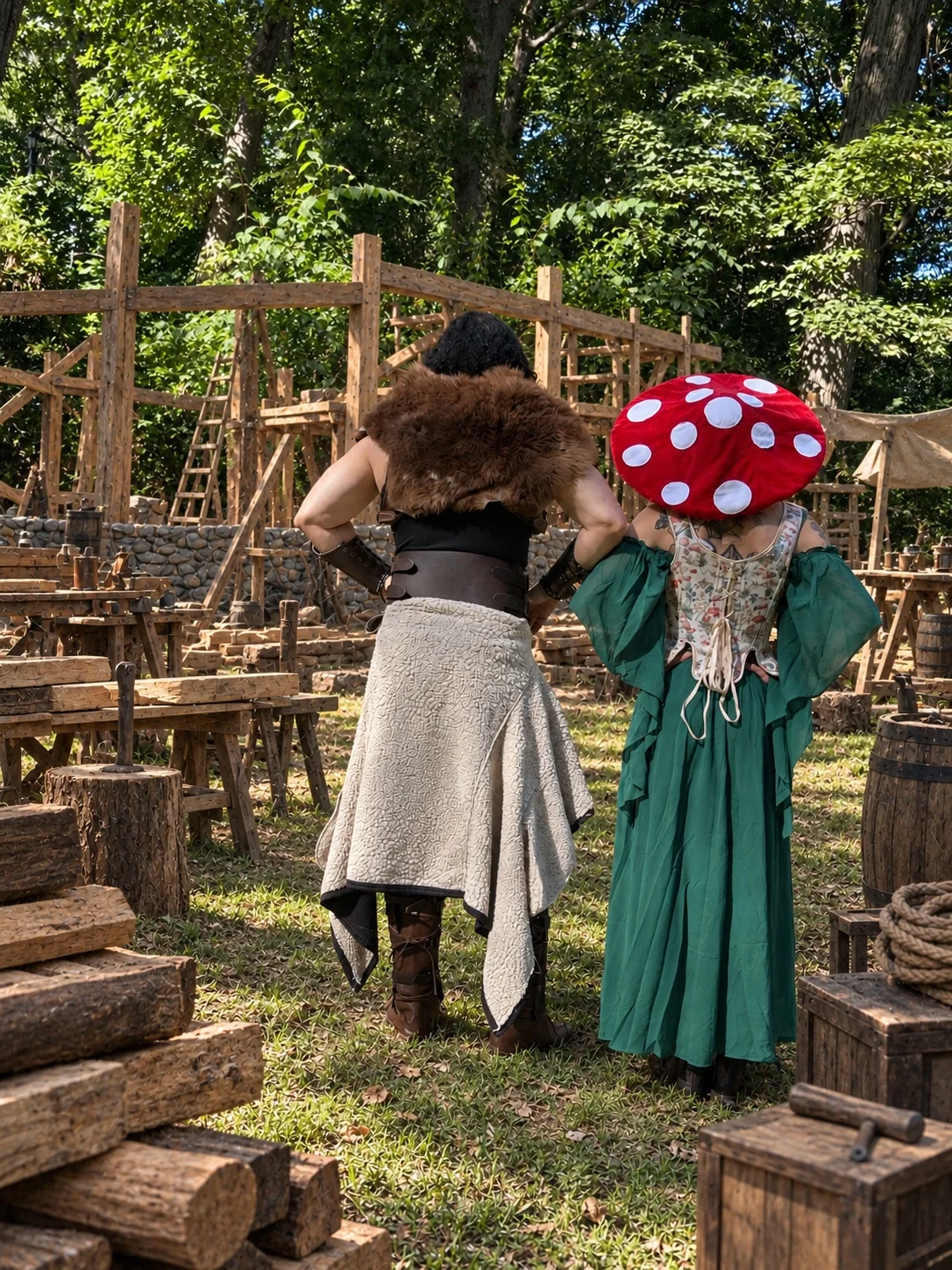 Desrind and Sylvie looking toward the inn construction together