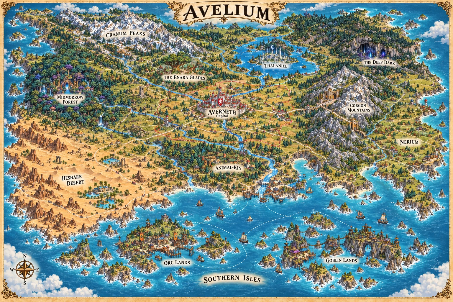 Illustrated map of Avelium, showing its kingdoms, regions and southern islands