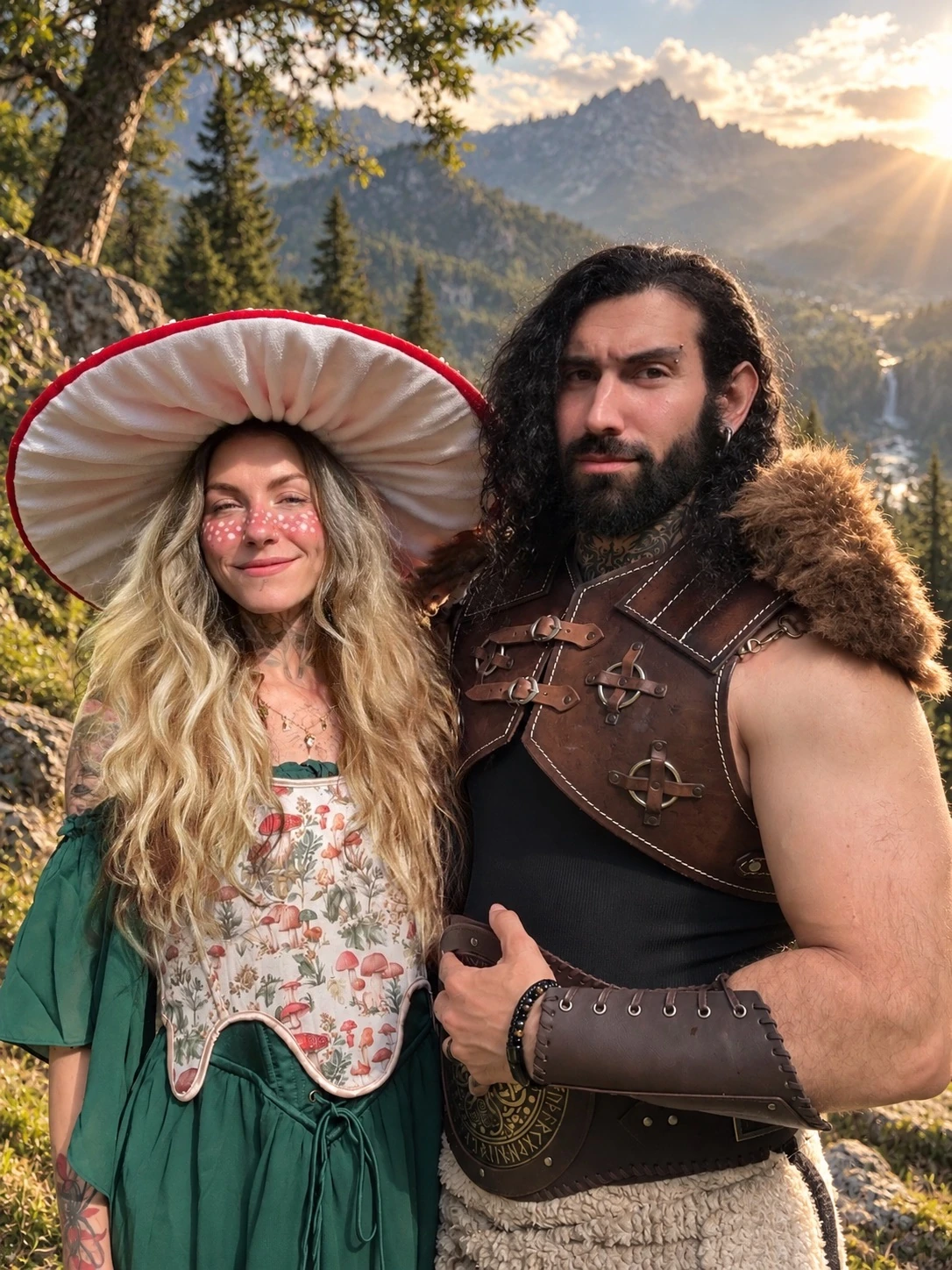 Desrind with his full beard alongside Sylvie in their fantasy costumes in a mountain landscape
